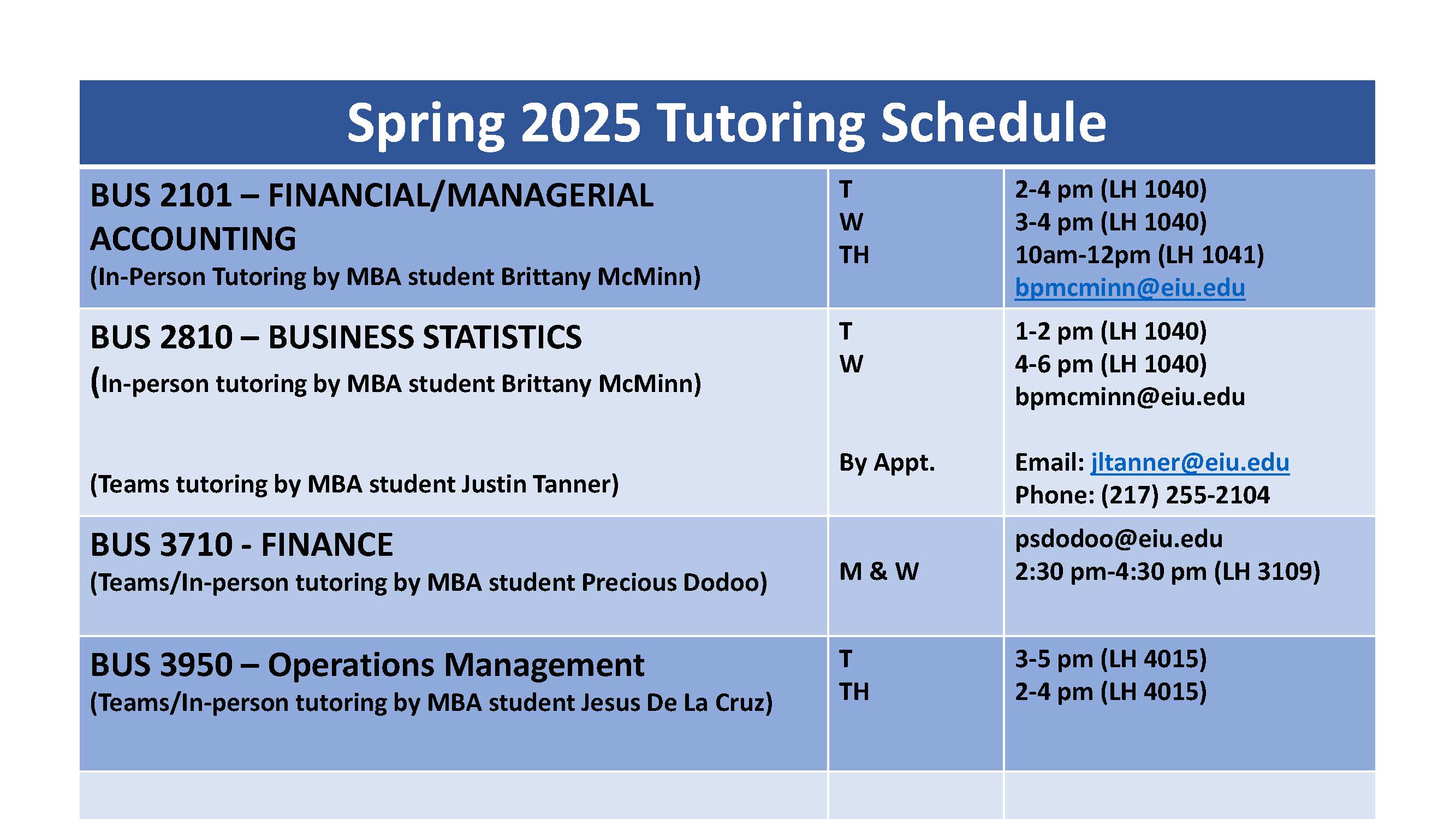 Tutoring schedule for tutoring provided by Brittany McMinn, Justin Tanner, Precious Dodoo, and Jesus De La Cruz, all of whom can be reached by email for scheduling.