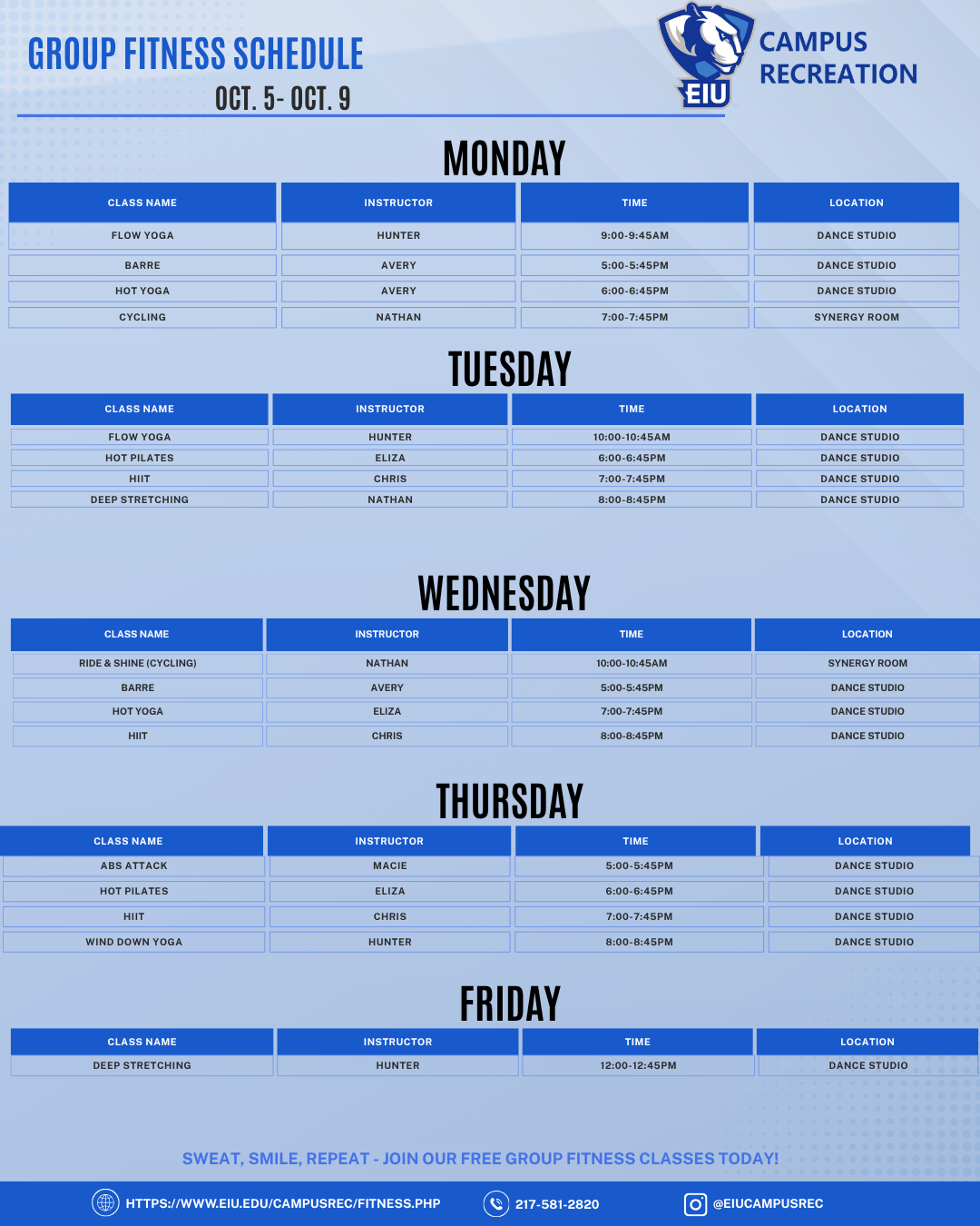group fitness schedule 10/5-10/9