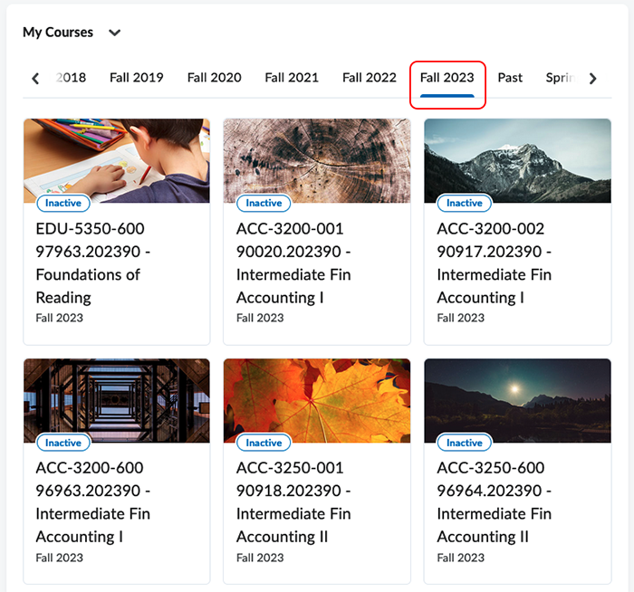 Fall 2023 tab in the My Courses widget