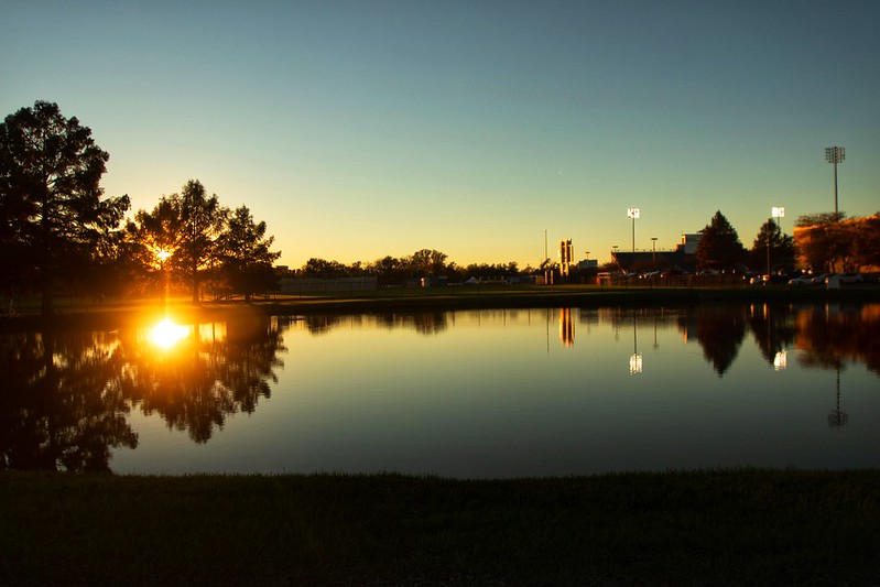 campus pond at sunset