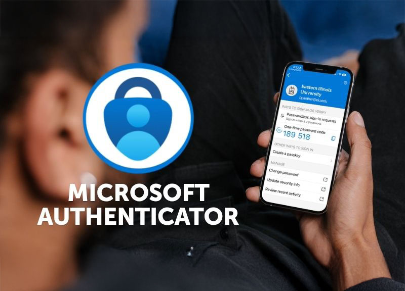 microsoft authenticator logo and phone with 