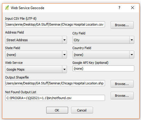 geocoding parameters dialog