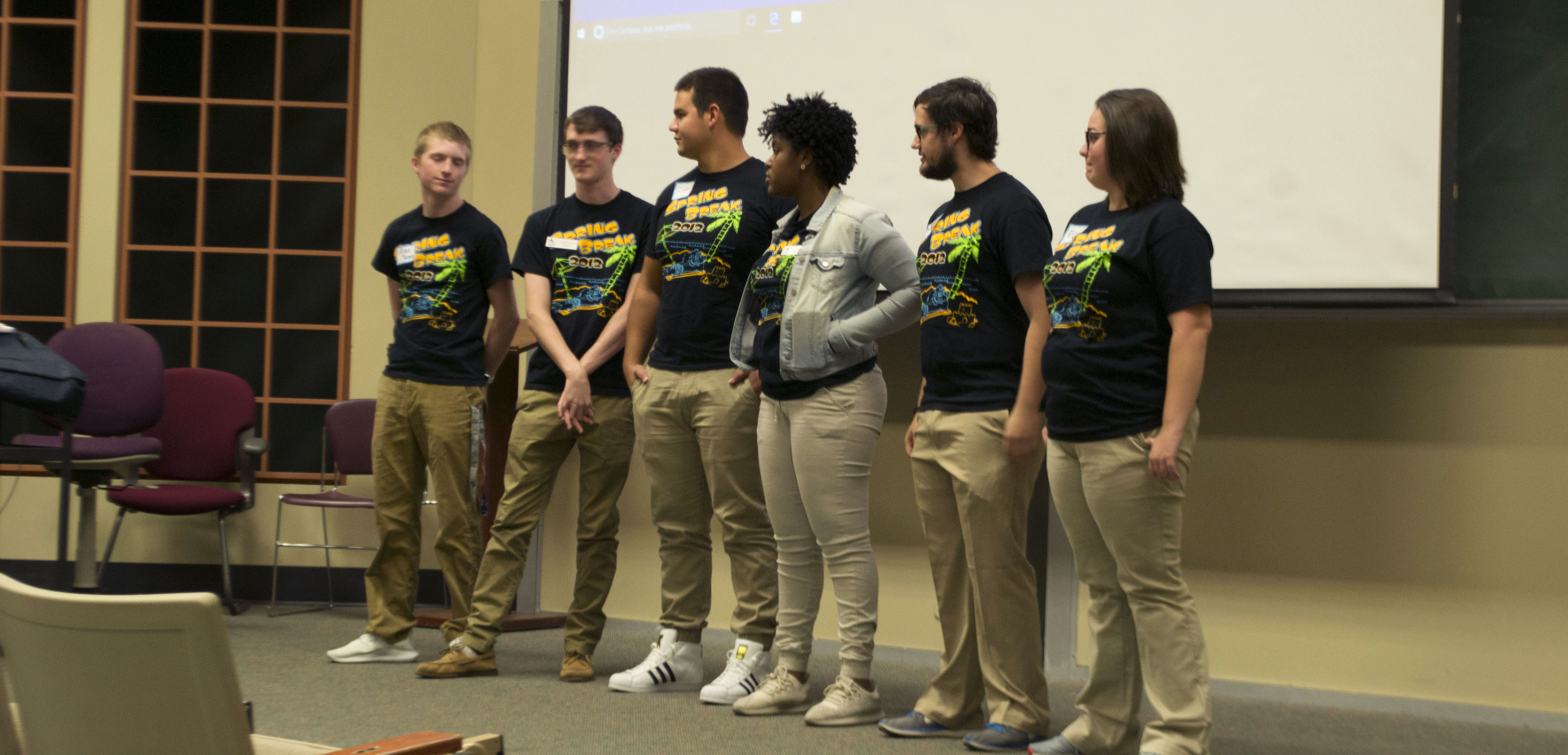 Eboard standing infront of classroom at Buzzard Hall 
