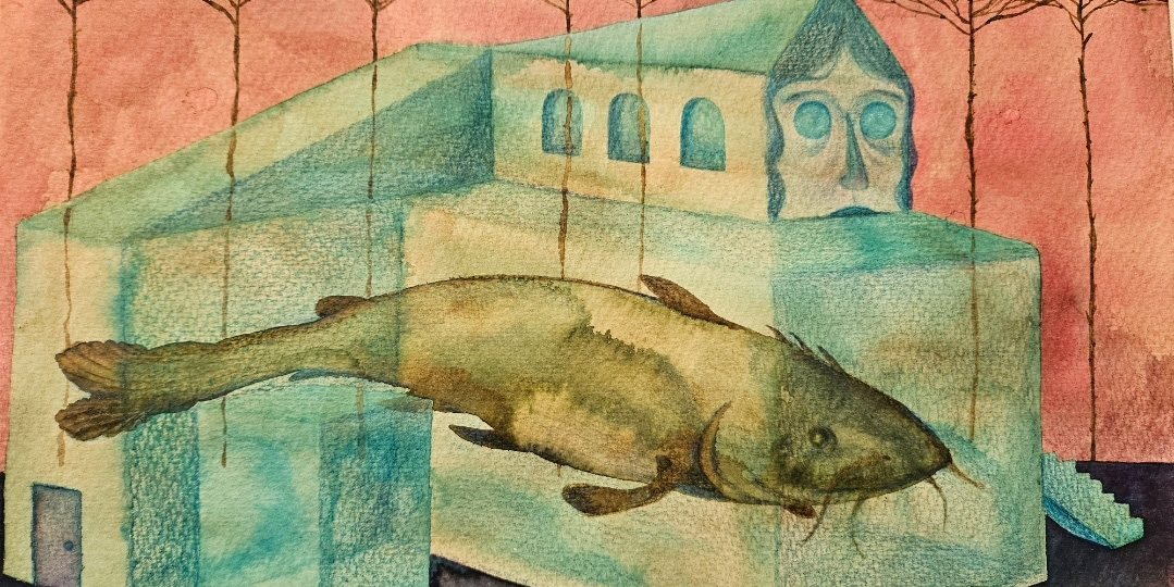 A catfish rests inside of a house made of water on a pink background. The house has a face with wide eyes and hair framing within the water