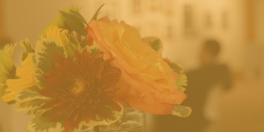 bouquet of flowers in foreground with person in background